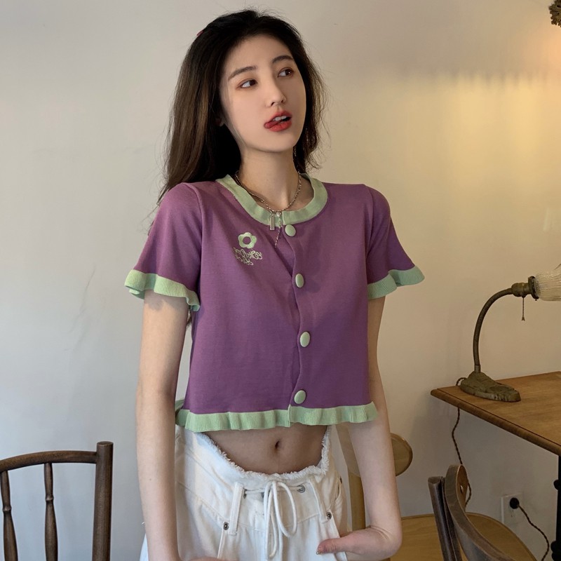 Xiaozhainv Áo Kiểu Cardigan Dệt Kim Tay Ngắn Hoạ Tiết Thêu Phong Cách Hàn Quốc Cho Nữ