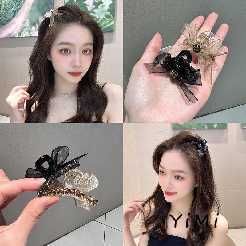 Kẹp Tóc Nơ Đính Đá Kim Cương Giả Hai Mặt Vải Lưới Kích Thước Nhỏ Cài Tóc Đuôi Ngựa Mùa Hè