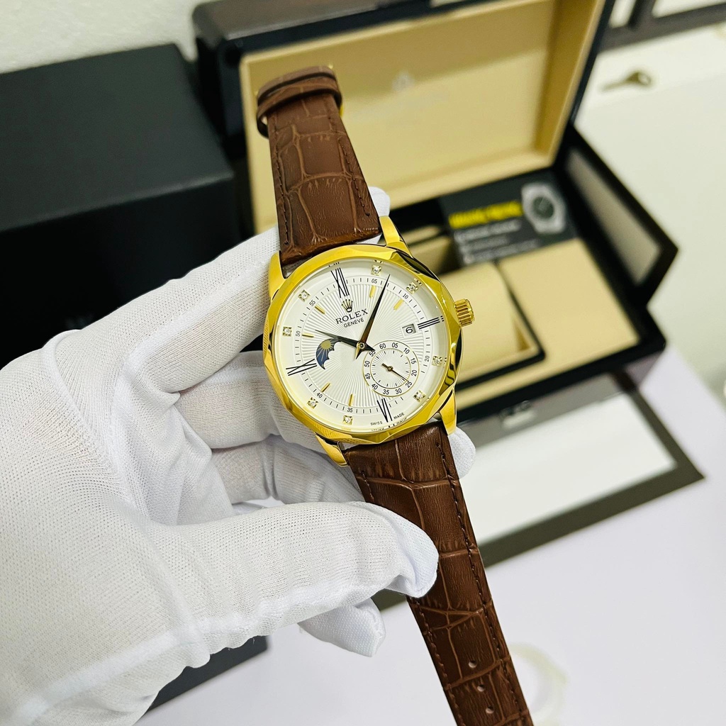Đồng hồ Nam Rolex máy nhật, mẫu 3kim cắt vát mặt trắng viền vàng dây da, dòng cơ Automatic size 40mm-41mm