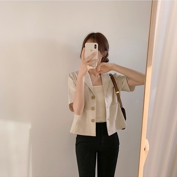 Áo khoác blazer SUXI tay ngắn màu sắc trơn phong cách Hàn Quốc thời trang dành cho nữ | BigBuy360 - bigbuy360.vn