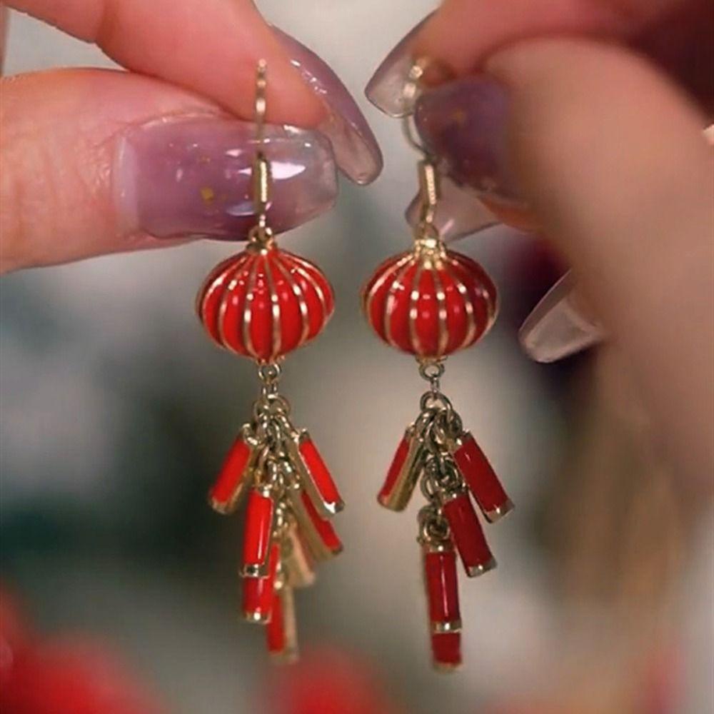 Bông Tai Hợp Kim Dáng Dài Hình Lồng Đèn Đỏ Mừng Năm Mới Thời Trang Cho Nữ