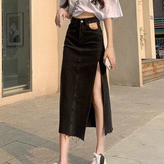 Chân váy jean xẻ đùi chân váy bò xẻ tà dáng dài cạp cao phong cách