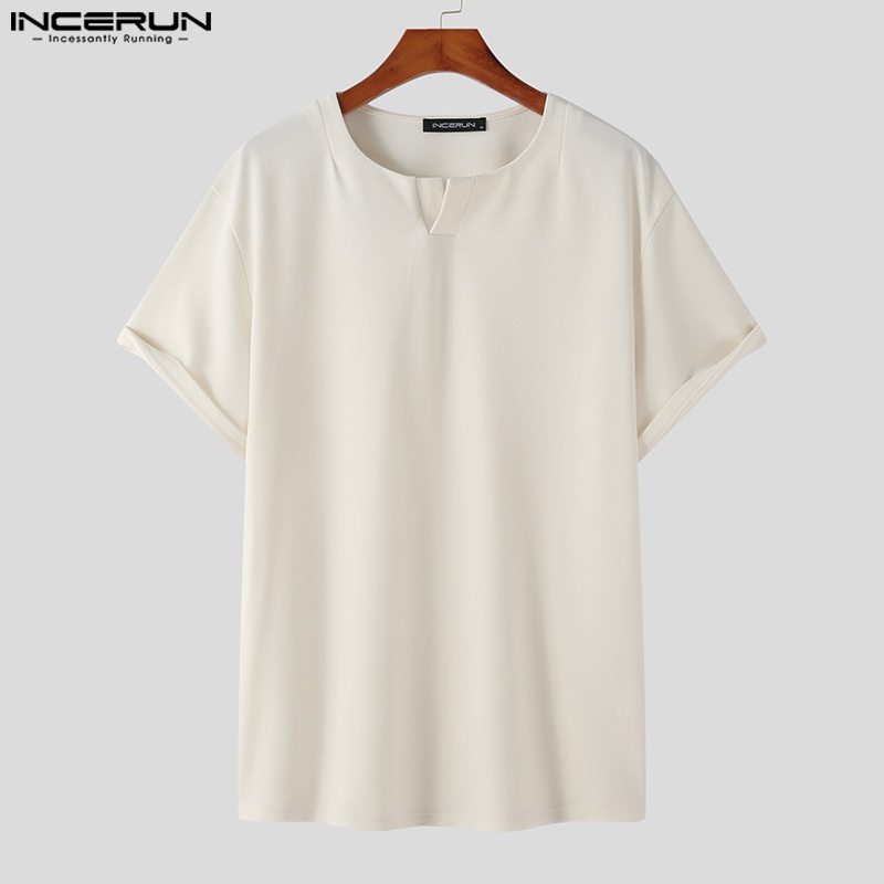 Áo thun INCERUN tay ngắn cổ xẻ chữ V màu sắc đơn giản cho nam