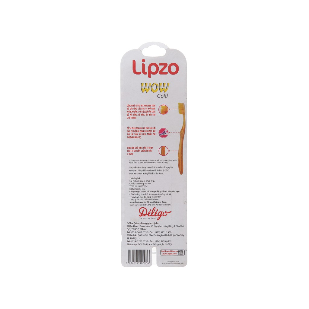 Bộ 3 bàn chải Lipzo Wow Gold lông chỉ tơ