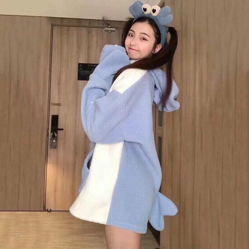 Áo Ngủ Hoodie Bông Hình Cá Mập Khoá Kéo Che Mặt