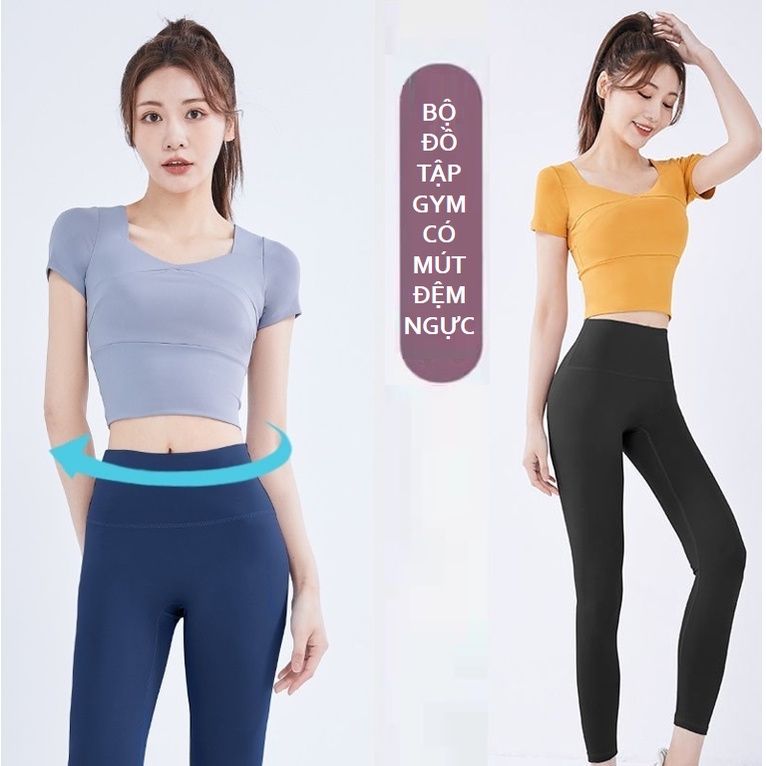 Set quần áo tập gym yoga Linda 2 món, áo croptop ngắn tay có mút đệm và quần dài ôm body, tôn dáng