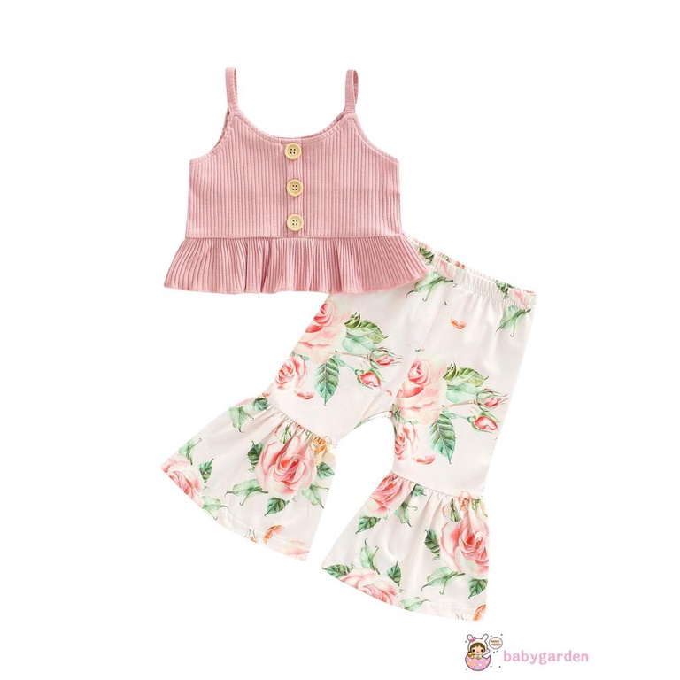 Set Đồ 2 Món Gồm Áo Không Tay Màu Trơn Dệt Kim In Họa Tiết Hoa + Quần Cho Bé Gái Từ 6 Tháng Tuổi