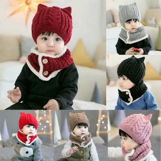 ღ♛ღUnsix Baby Hooded scarf Caps Winter Warm Knit Flap Scarf Hat  Set