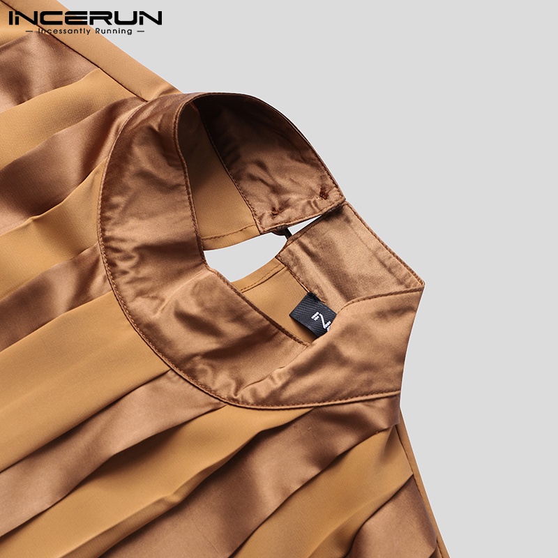 Áo kiểu INCERUN cổ lọ tay dài xếp ly màu trơn phong cách vintage thời trang cho nam