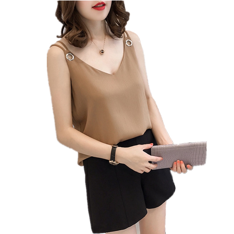 Áo sơ mi voan SUXI không tay cổ chữ V dáng rộng thời trang mùa hè cho nữ