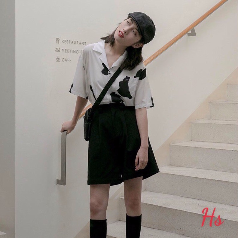 ÁO SƠ MI LOANG BÒ SỮA FORM RỘNG UNISEX - SƠ MI CỘC TAY LỠ HỌA TIẾT BÒ SỮA CÁ TÍNH | BigBuy360 - bigbuy360.vn