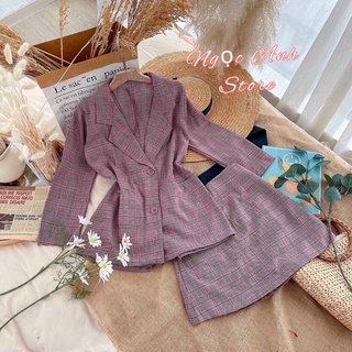 Set vest chân váy kẻ