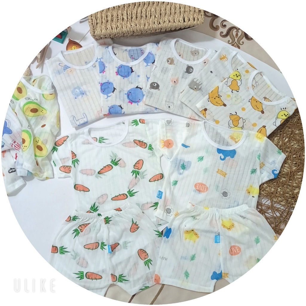 Bộ Cotton Giấy Cộc Tay Cài Vai Cho Bé Họa Tiết Dễ Thương Từ 5 – 15kg