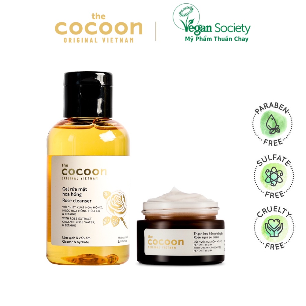 Combo gel rửa mặt hoa hồng cocoon 140ml + thạch hoa hồng cocoon 30ml khóa ẩm 24h - Vegan Society