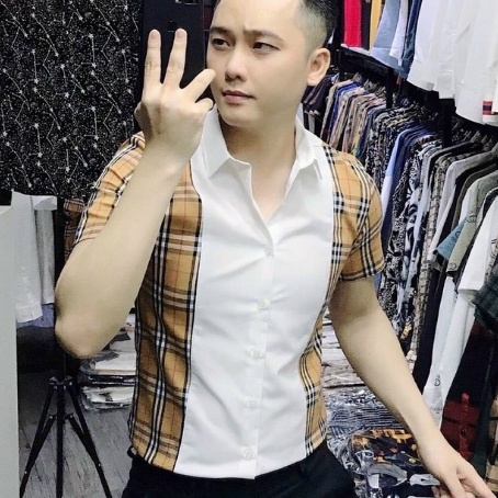 Áo sơ mi nam ngắn tay vải lụa dày dặn thoáng mát họa tiết phối sọc đẹp phong cách lịch lãm