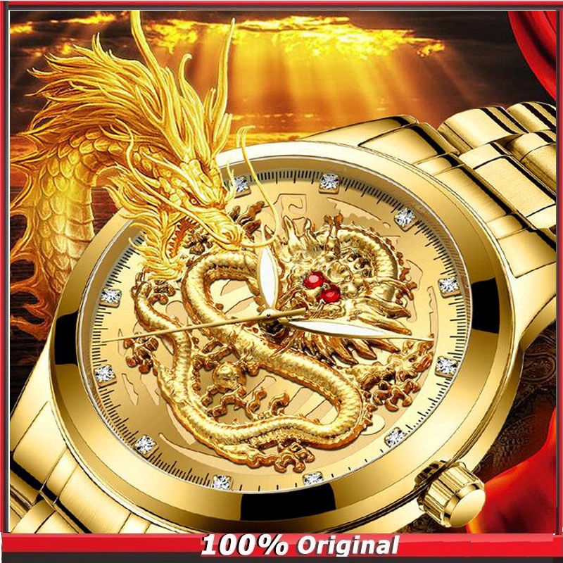 Đồng hồ quartz chống thấm nước mạ vàng kiểu con rồng