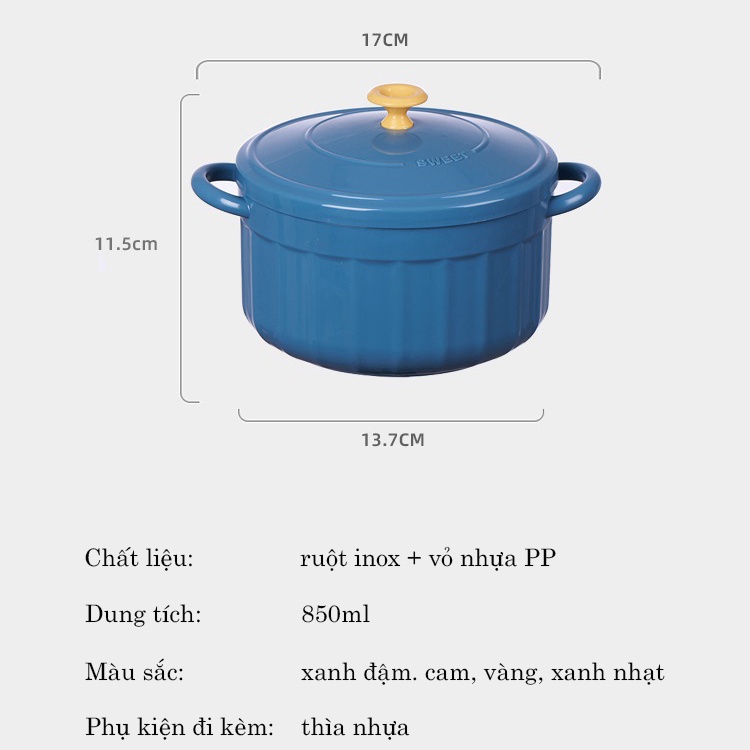 Bát úp mì - Bát ăn mì tôm inox 2 lớp cách nhiệt hình chiếc nồi có nắp đậy tặng kèm thìa