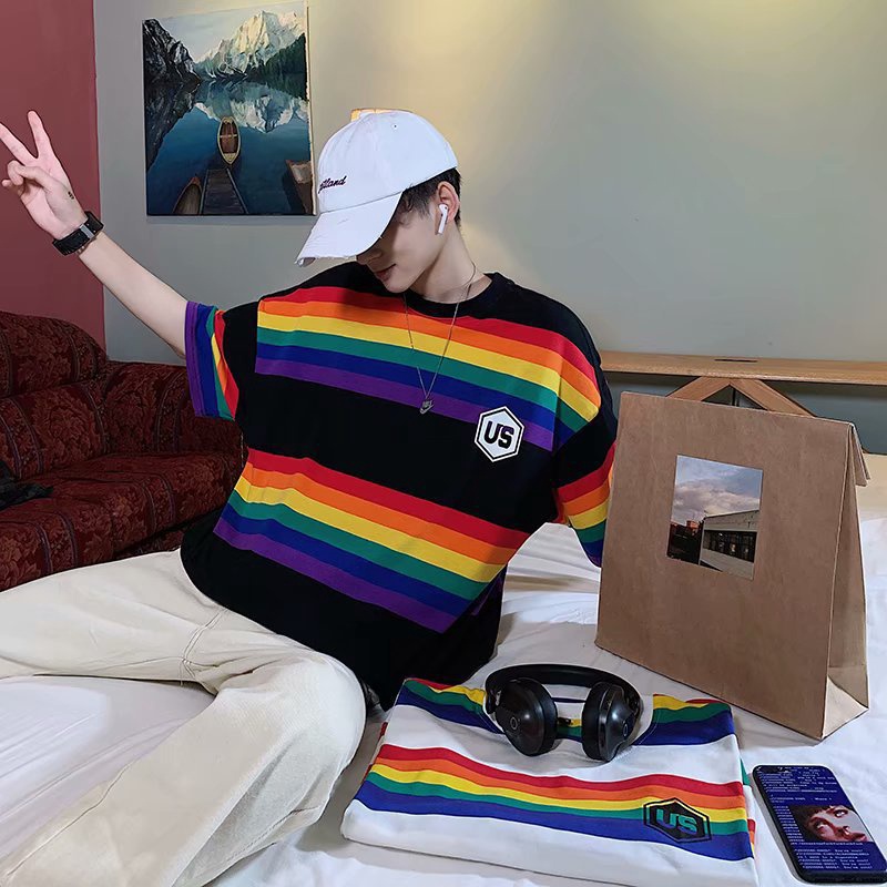 Áo thun tay ngắn dáng rộng họa tiết sọc màu cầu vồng phong cách thời trang Hàn Quốc 2019 dành cho nam