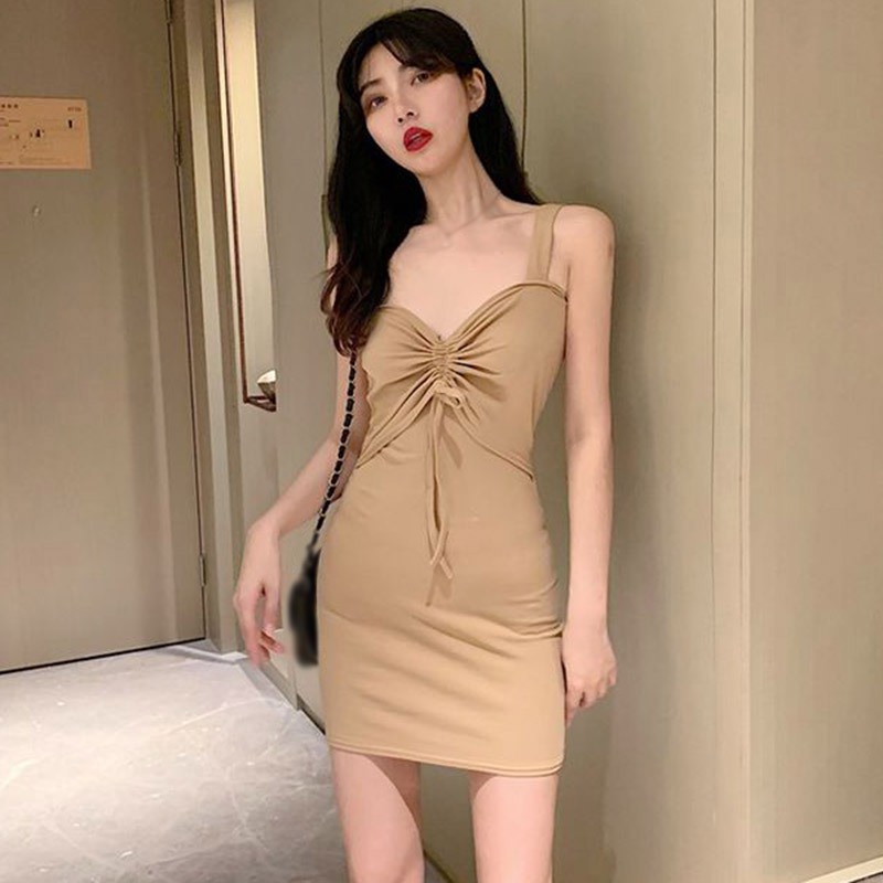 Đầm Không Tay Cổ Chữ V Màu Trơn Thiết Kế Ôm Sát Tôn Dáng