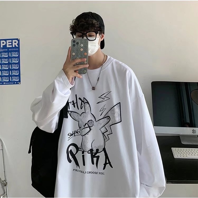 Áo thun tay dài cổ tròn in họa tiết 8 màu tùy chọn hình pikachu thời trang Hàn Quốc cho nam và nữ size m-5xl