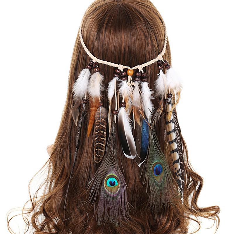 Băng đô cài tóc đính lông vũ phong cách boho