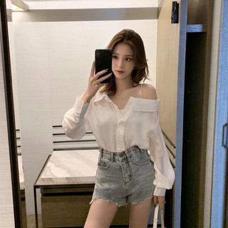 Áo Sơ Mi Trắng Tay Dài Hở Vai Thời Trang Cho Nữ