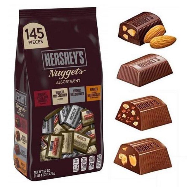Chocolate hạnh nhân Hershey's Nuggets 145 viên 1,47kg và Socola Hersheys Miniature 180 Viên túi 1.58kg
