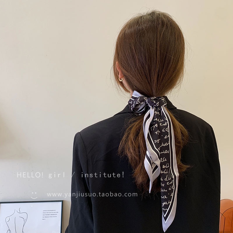 Khăn Choàng Cổ Dài Bằng Lụa Mỏng Họa Tiết Kẻ Sọc Thắt Nơ Dễ Phối Đồ Trang Trí Túi Xách Phong Cách Hàn Quốc