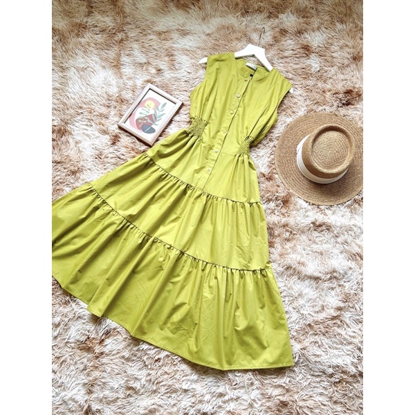 VN829 - VÁY XANH CỐM CHUN EO 3 TẦNG SÁT NÁCH