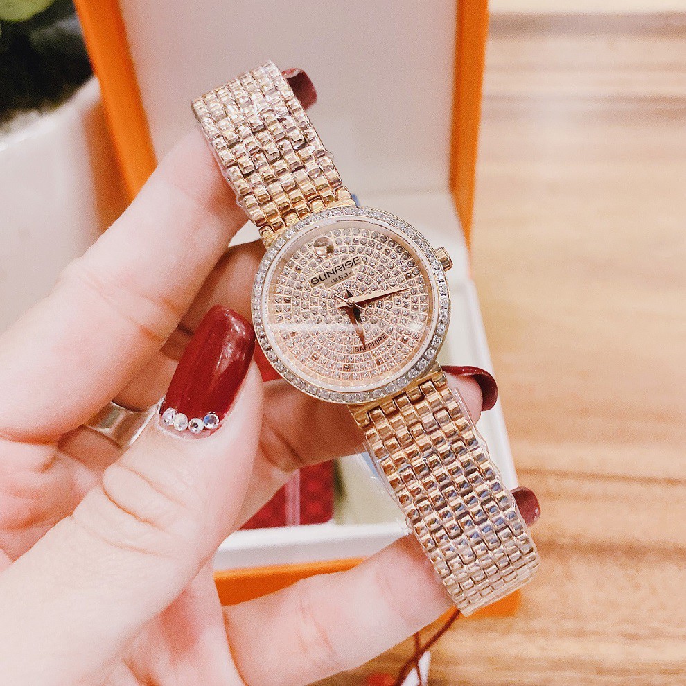 Đồng Hồ Sunrise Nữ Lắc Tay Đính Đá Rose Gold 28mm