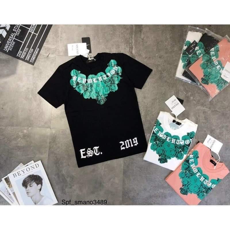 Áo phông hoa hồng xanh chữ vòng cổ H2A868