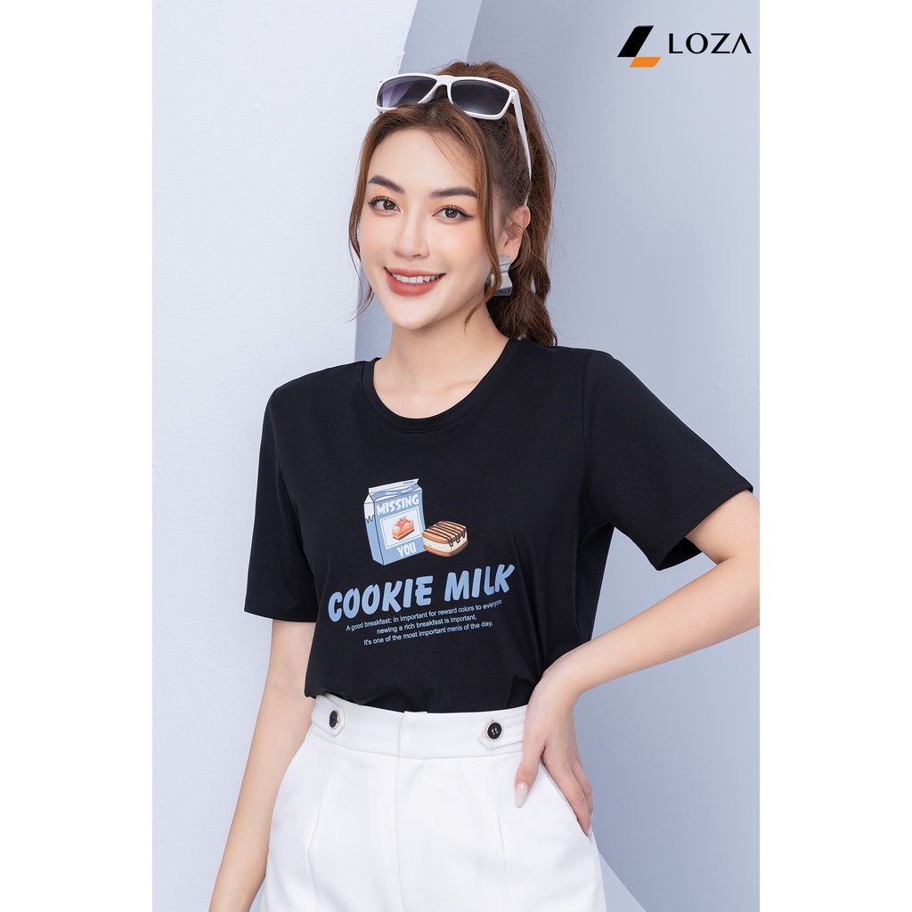 Áo phông nữ in hình cookie milk chất liệu Cotton Compact form vừa LOZA - PT702109