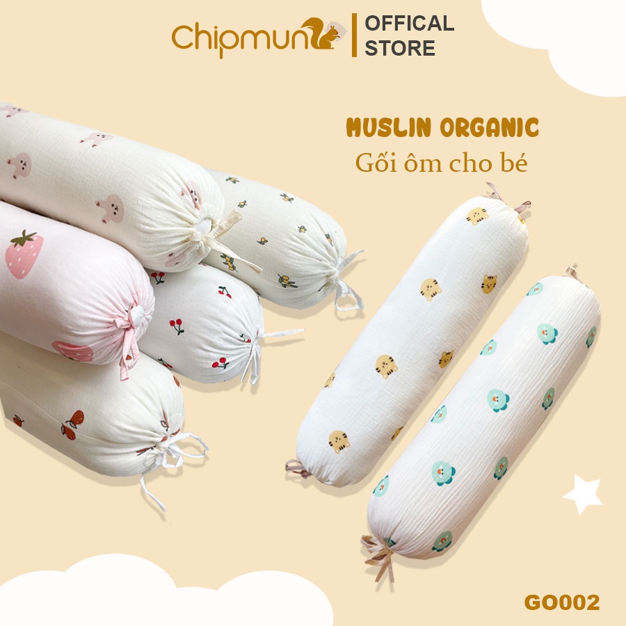 Gối ôm cho bé CHIPMUNK, họa tiết ngộ nghĩnh,vải xô organic, ruột bông kháng khuẩn nguyên sinh nhập khẩu