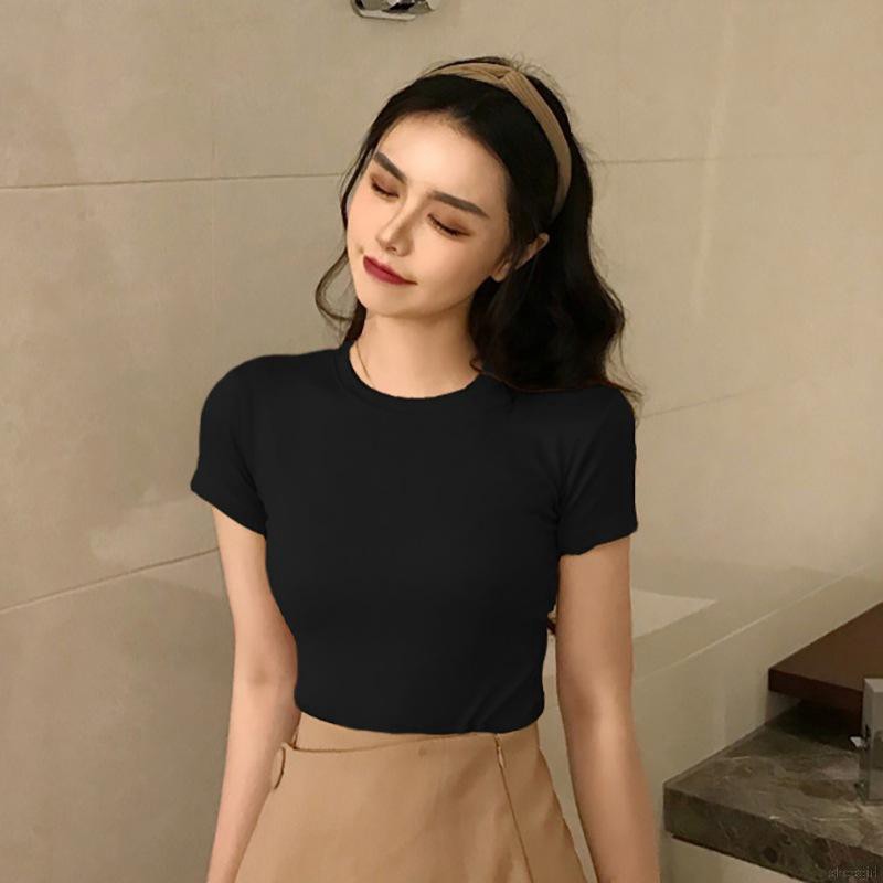 Áo Thun Nữ Ngắn Tay Màu Trơn Phong Cách Hàn Quốc