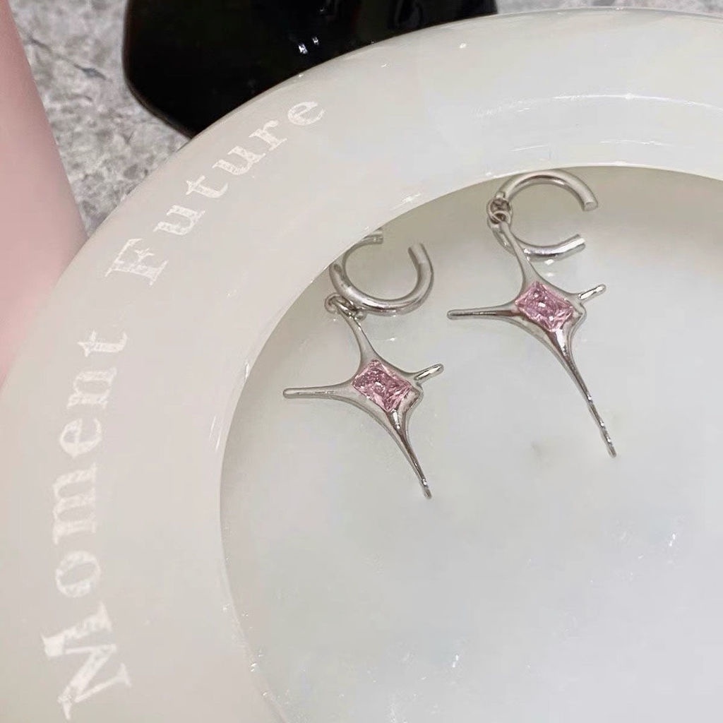 Khuyên Kẹp Vành Tai Hình Ngôi Sao Màu Hồng Đính Đá Phong Cách hip hop ins niche Đơn Giản