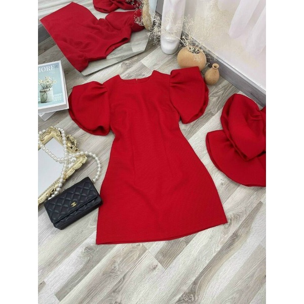 Váy đỏ tết NADO, Đầm đỏ tay phồng ngắn mặc đi chơi tết noel đẹp thời trang nữ cổ tròn freesize dưới 55kg | BigBuy360 - bigbuy360.vn