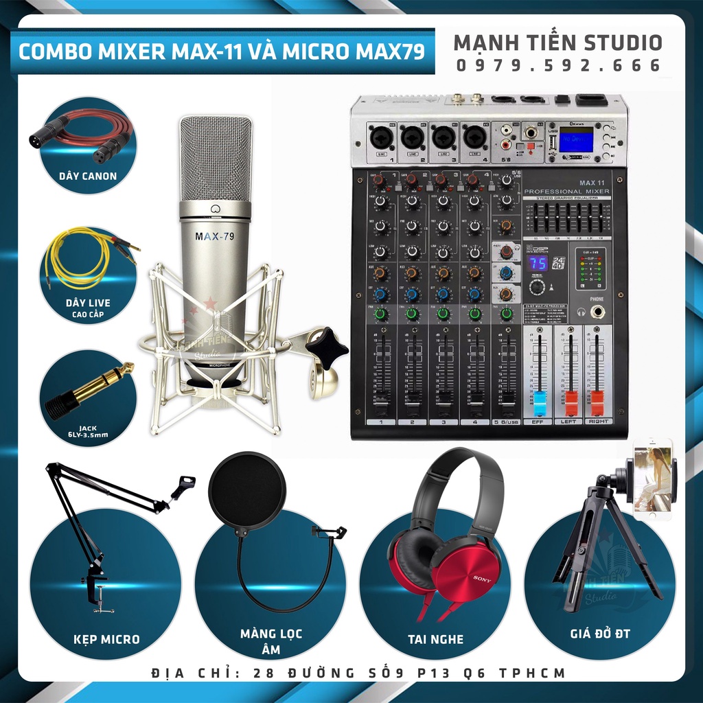 Combo thu âm livestream bán hàng facebook tiktok karaoke chuyên nghiệp Mixer Max 11 Và Micro Max 79 tặng full phụ kiện