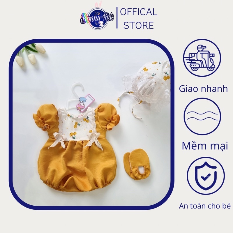 Bodysuit Quả Vàng Cho Bé Gái Sơ Sinh 0-12 Tháng Kèm Turban, Bodychip Đầy Tháng, Bộ Đồ Liền Thân, Đầm Thôi Nôi