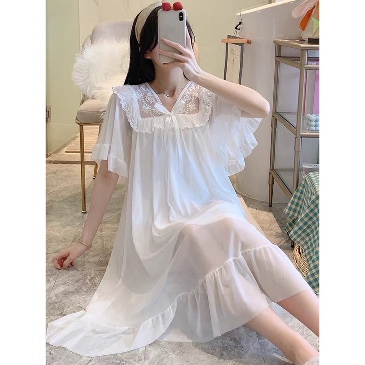 Váy ngủ voan mỏng kiểu dáng suông dài cổ điển phối bèo siêu xinh THE CELYNBRA - V15