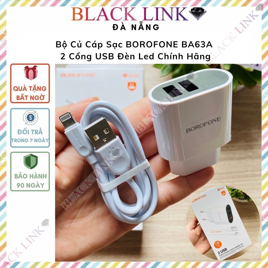 Bộ Củ Cáp Sạc 2.4A BOROFONE BA63A 2 Cổng USB Đèn Led Chính Hãng - Cốc Sạc Nhanh Iphone Ipad Pin Dự Phòng Tai Nghe
