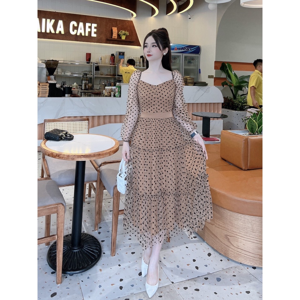 Váy thu đông dáng dài 2 lớp voan chấm bi cao cấp siêu xinh sang chảnh