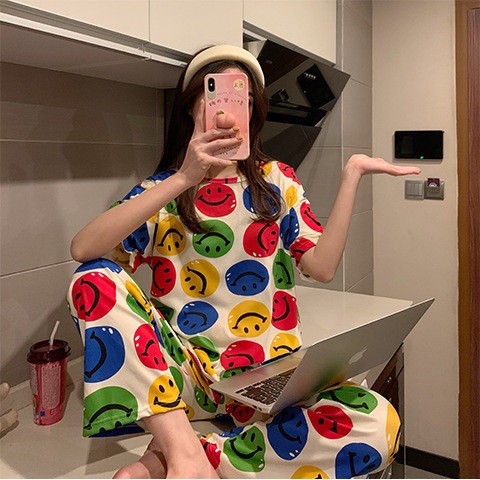Set đồ bộ ngủ nữ mặc nhà ulzzang pijama mặt cười xanh đỏ DN079