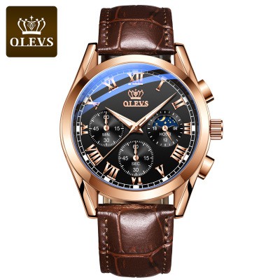 Đồng hồ nam OLEVS 2871 dây da chính hãng, đồng hồ kim chống nước, chống xước, quà tặng hấp dẫn size 42 chạy full 6 kim