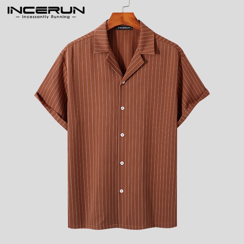 Áo sơ mi INCERUN ngắn tay họa tiết kẻ sọc thời trang mùa hè cho nam