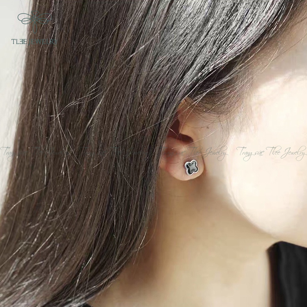 Khuyên tai bạc TLEE cỏ bốn lá đá đen cao cấp NCJ B0195