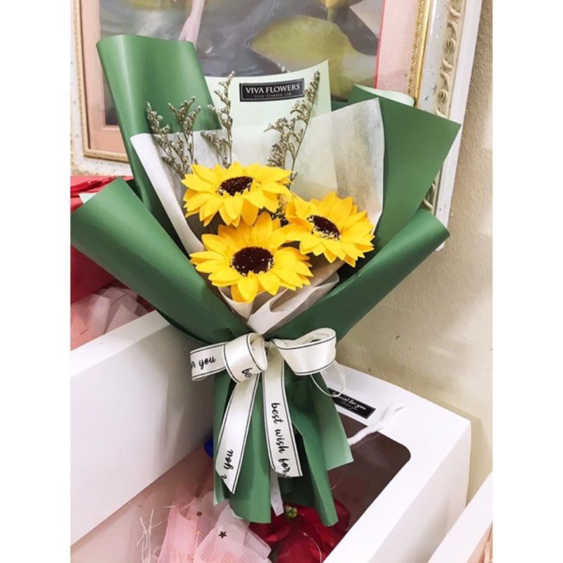 (GIAO TỪ 2 BÓ )Hoa sáp bó 3 bông hoa hướng dương