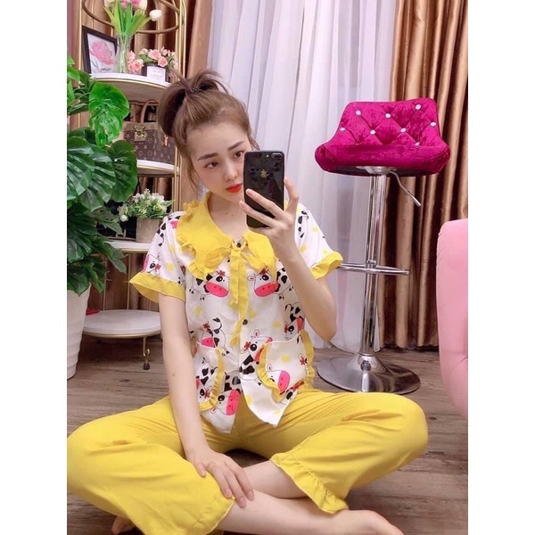 Đồ ngủ mặc nhà thu đông kiểu tiểu thư Pee pee, hoạ tiết bò sữa HOT TREND, chất liệu lụa hàn mềm mịn | BigBuy360 - bigbuy360.vn
