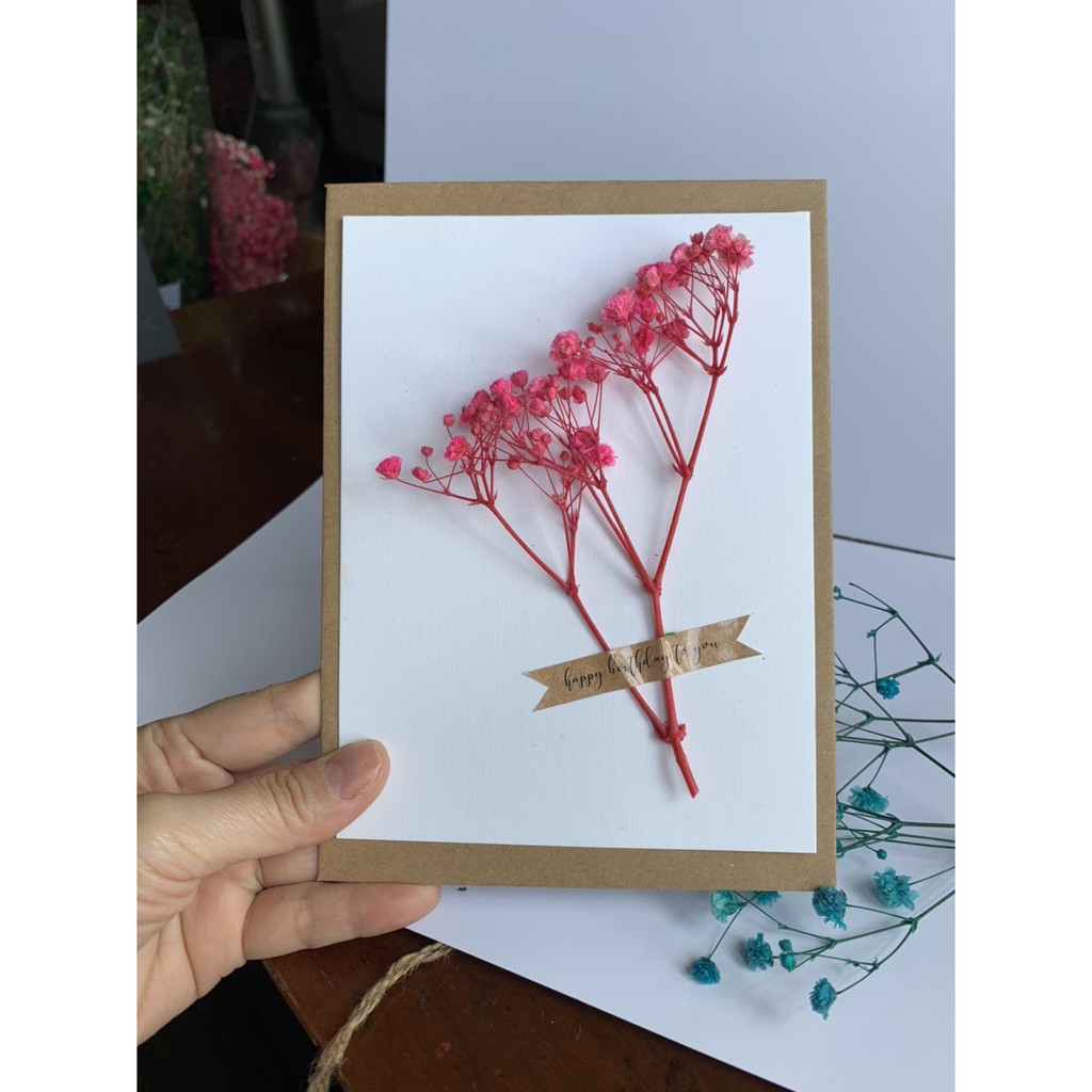 Thiệp hoa khô cho sự kiện handmade lời chúc cho tất cả các ngày kỷ niệm kèm phong bì và hoa baby màu ngẫu nhiên