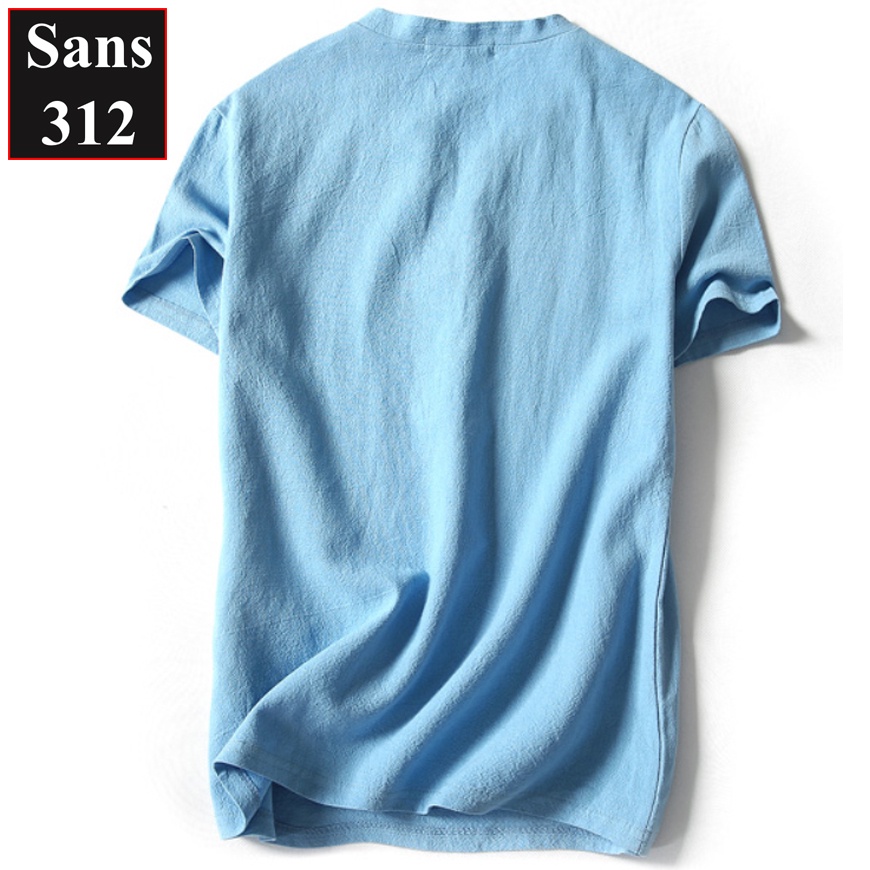 Áo thun nam đũi Sans312 chất cotton linen mát lạnh cộc tay cài nút cổ v trơn đẹp xịn mềm mịn big size 5XL 4XL 3XL