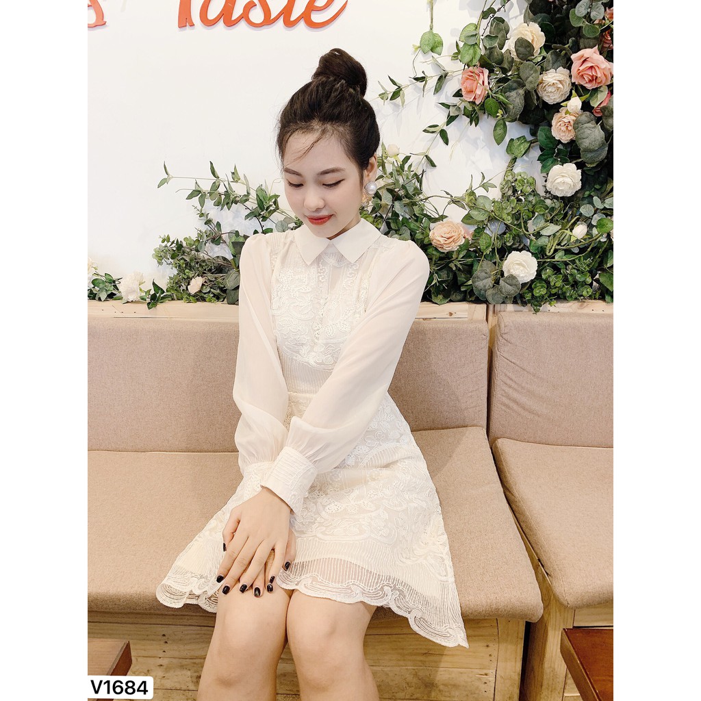 Váy ren kem tay dài cổ đức V1684  - ĐẸP SHOP DVC ( Ảnh mẫu và ảnh trải sàn do shop tự chụp ) | BigBuy360 - bigbuy360.vn